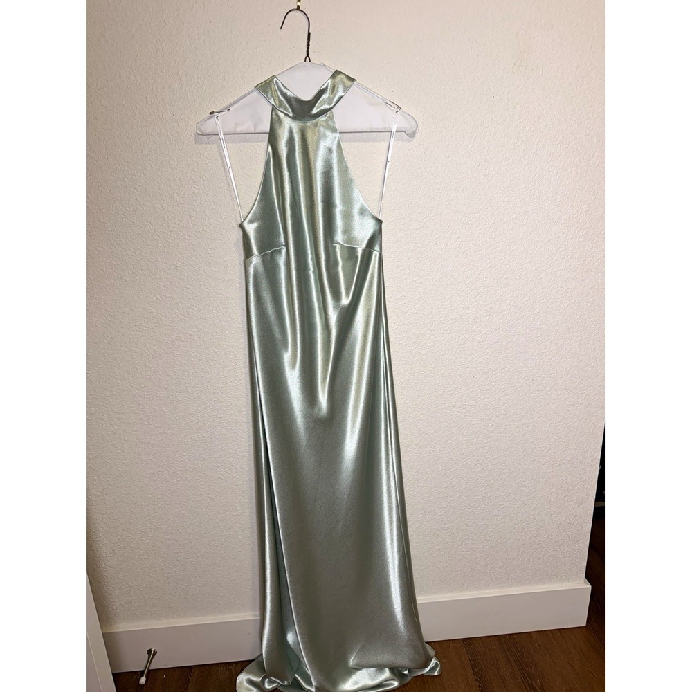 AW.BRIDAL Women's Size 4 Regular Green Satin Cowl Neck Strappy Maxi Dress
